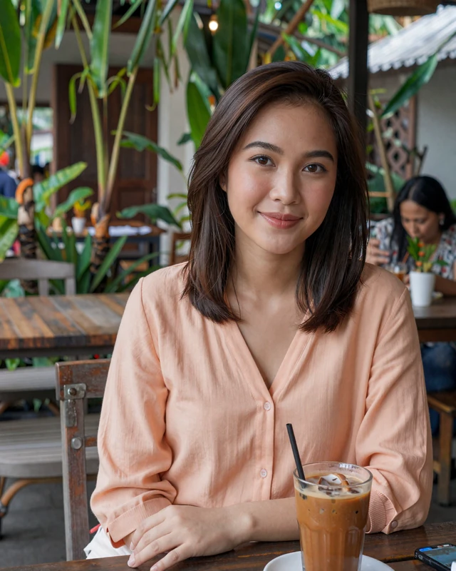 Thai woman enjoying iced tea at an outdoor cafe in Chiang Mai surrounded by tropical plants