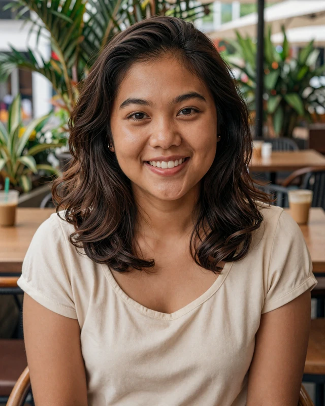 Filipina woman enjoying coffee at outdoor cafe in Makati Manila Philippines