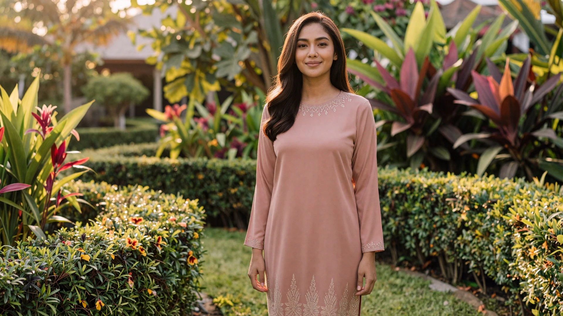 Beautiful Bruneian woman in elegant dusty rose baju kurung standing in a tropical garden at golden hour