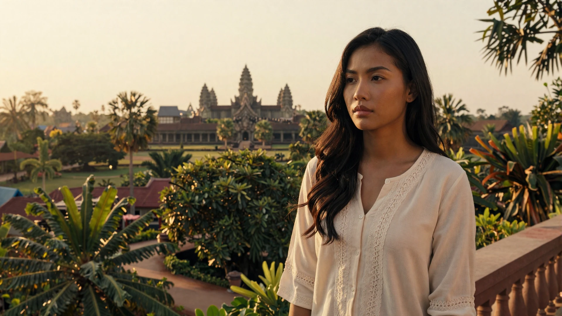 Beautiful Cambodian woman standing on a terrace overlooking tropical gardens with Khmer temple spires at golden hour