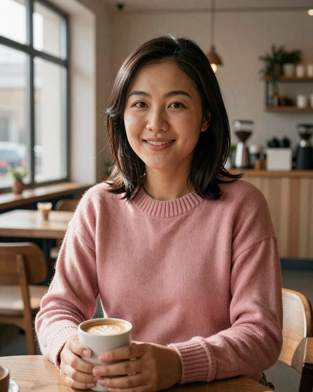 Mongolian woman enjoying coffee at a modern cafe in Ulaanbaatar with natural daylight