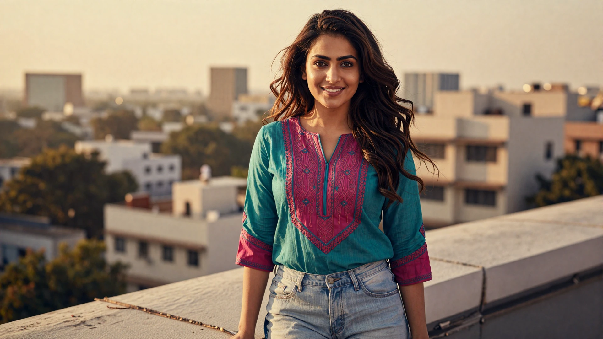 Beautiful Indian woman in colorful kurti on a rooftop terrace at golden hour in an Indian city seeking meaningful relationship