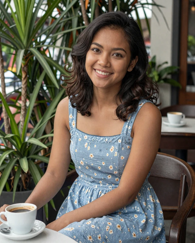 Young Timorese woman enjoying coffee at an outdoor cafe in Dili with tropical greenery in background