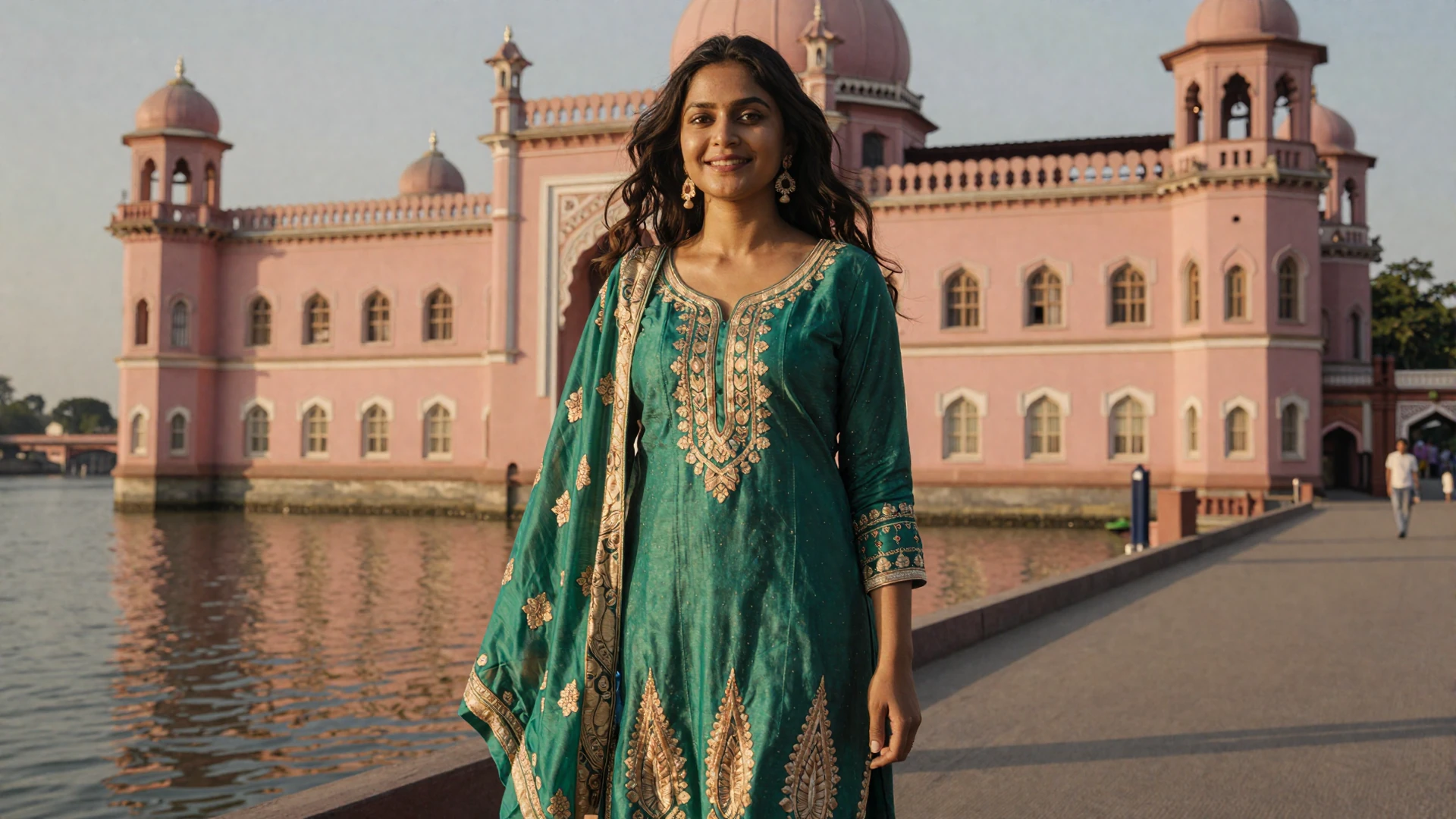 Beautiful Bangladeshi woman near Ahsan Manzil palace in Dhaka at golden hour seeking meaningful connection