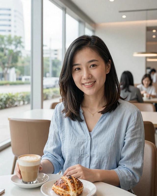 Singaporean woman enjoying a latte at a modern minimalist cafe in Singapore with natural daylight