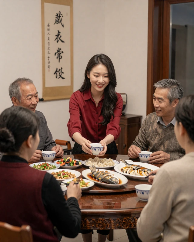 Chinese woman serving traditional tea to family during a warm gathering at home