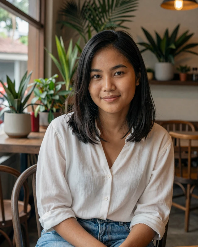 Laotian woman enjoying a relaxed moment at a Vientiane cafe with warm natural light