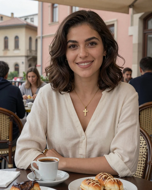 Armenian woman enjoying coffee at an outdoor cafe in Yerevan with pink tuff stone architecture in background