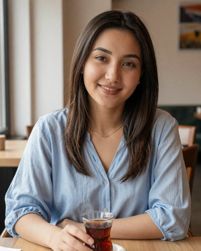Kyrgyz woman enjoying tea at a cozy cafe with warm natural light