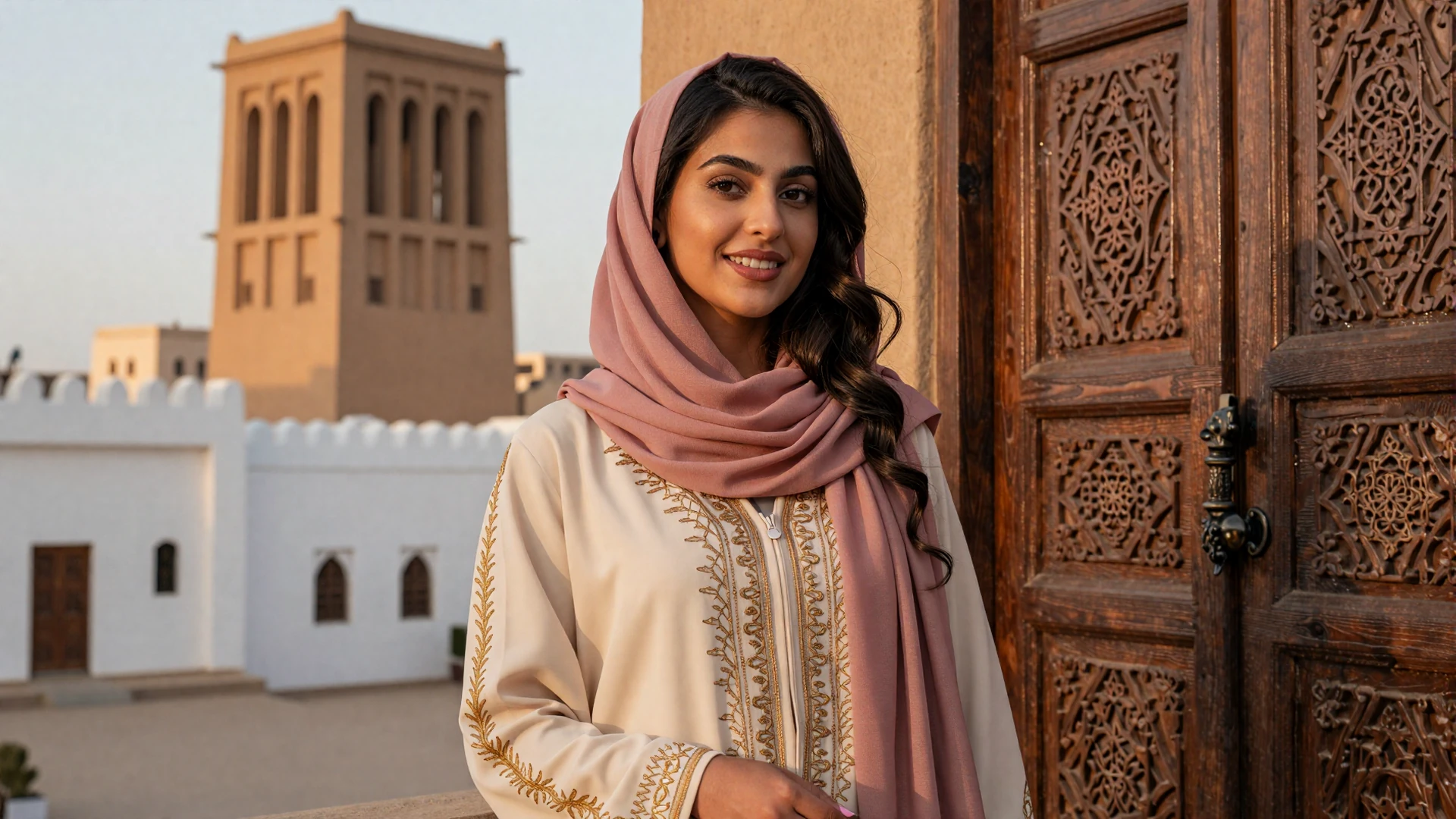 Beautiful Yemeni woman in elegant embroidered tunic standing near ornate carved doors of traditional Sana'a architecture at golden hour