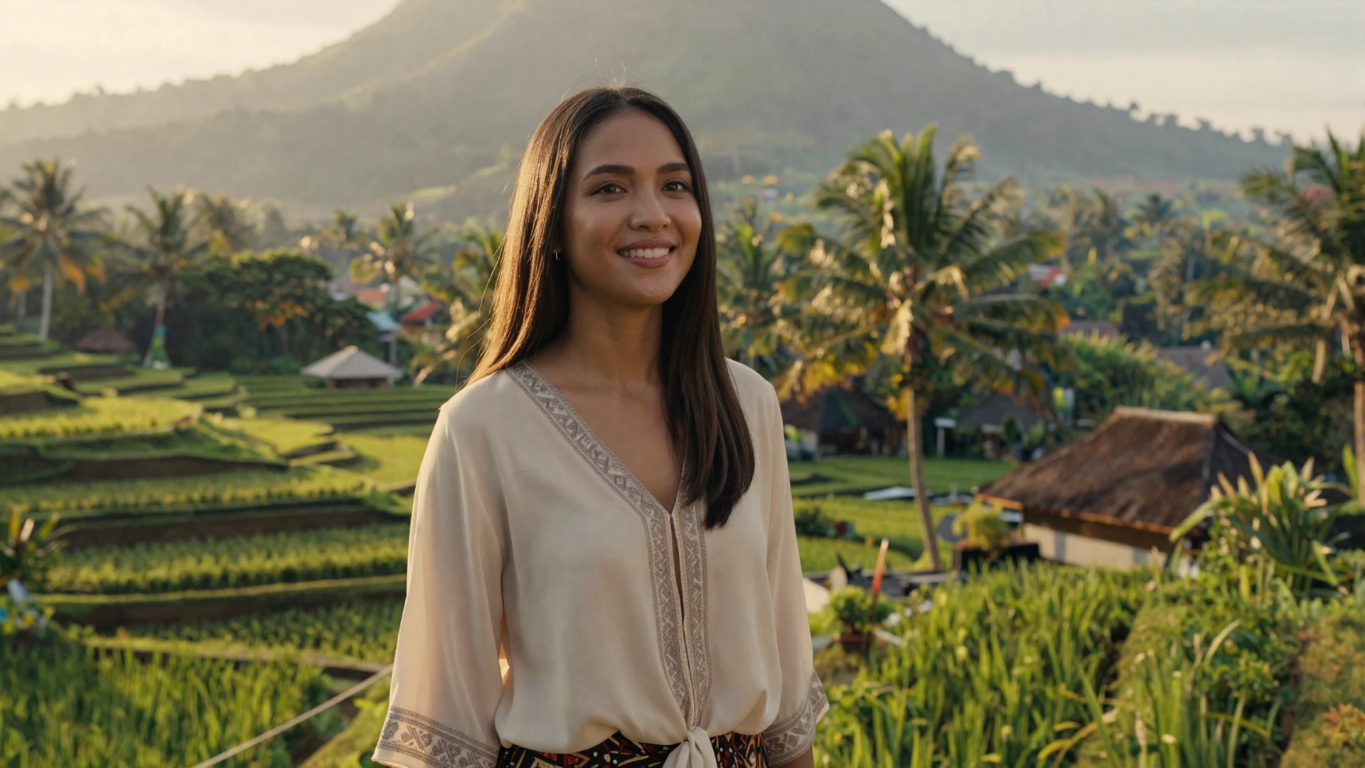 Beautiful Indonesian woman overlooking Balinese rice terraces at golden hour seeking meaningful relationship