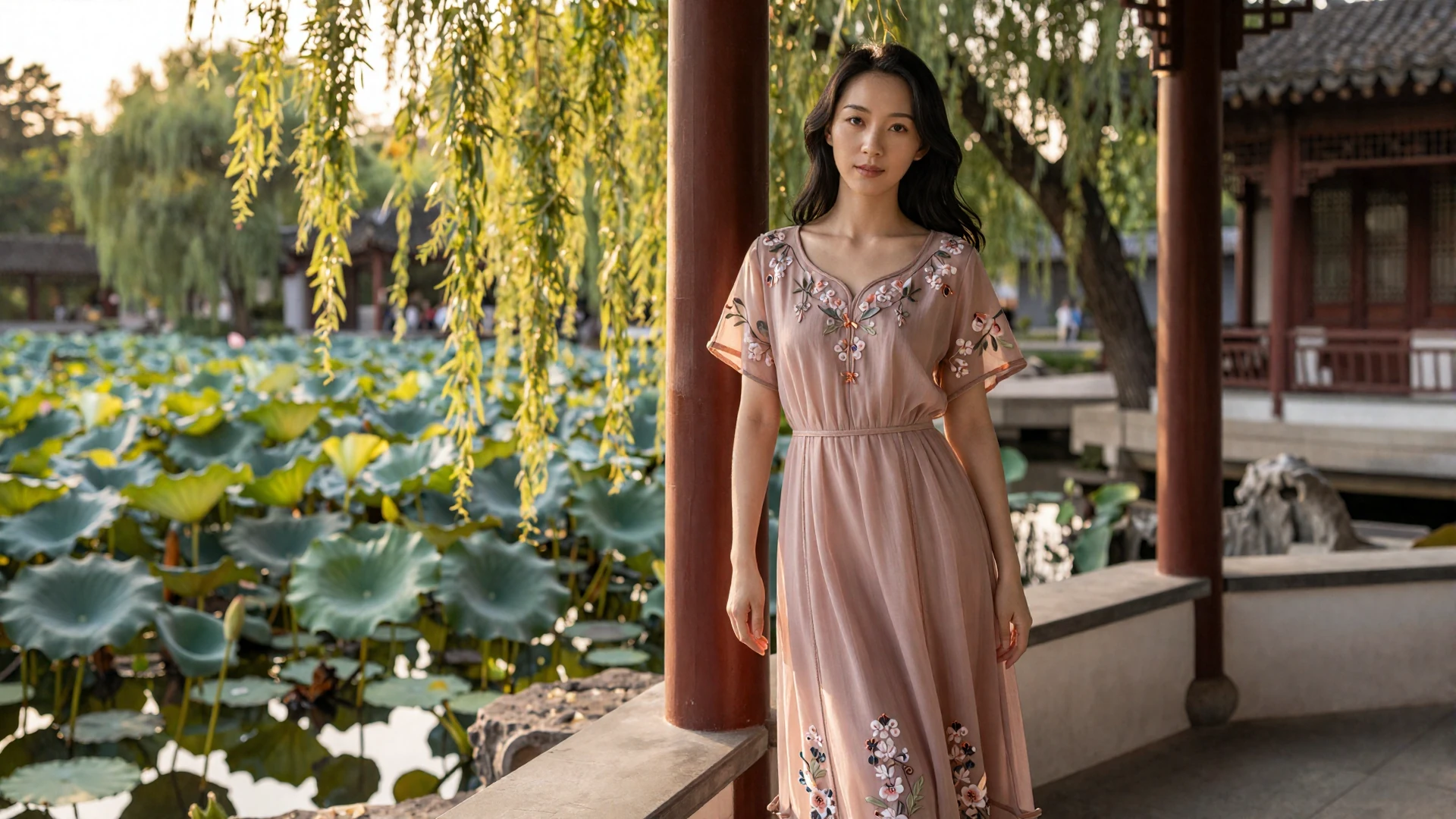 Beautiful Chinese woman in an elegant rose dress standing beside a traditional garden pavilion at golden hour seeking meaningful connection