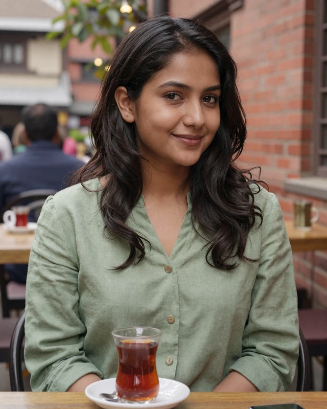 Nepali woman enjoying masala tea at an outdoor cafe in Kathmandu Thamel district