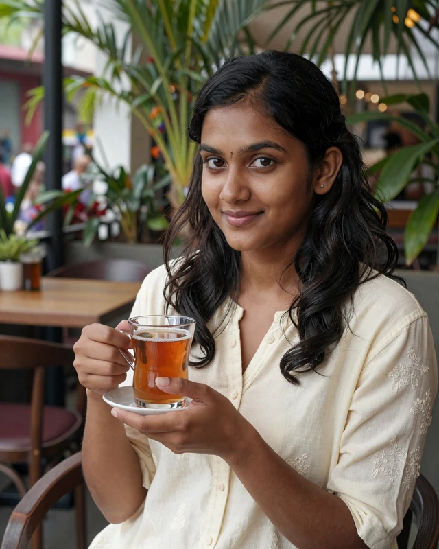 Sri Lankan woman enjoying Ceylon tea at an outdoor cafe in Colombo with tropical plants