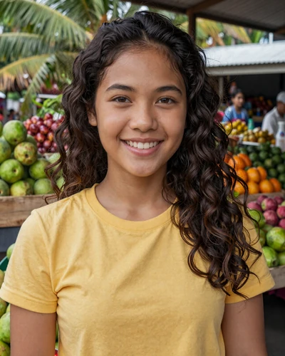 Rina, 26, Filipino woman from Davao at a tropical market with warm genuine smile