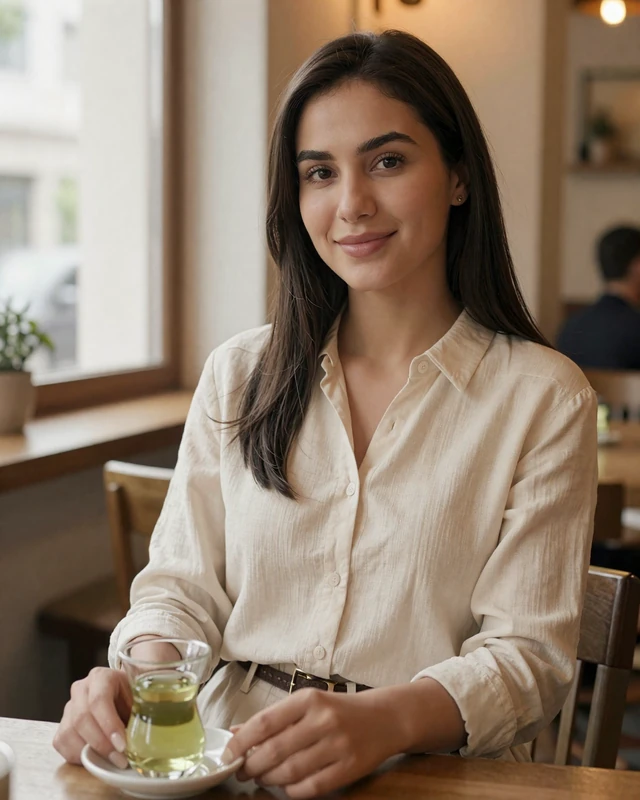 Turkmen woman enjoying green tea at a cafe in casual cream blouse with warm natural lighting