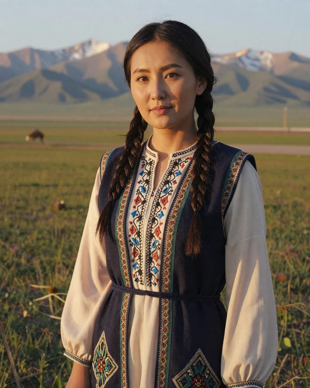 Kazakh woman in modern traditional attire standing in the vast green steppe landscape at golden hour