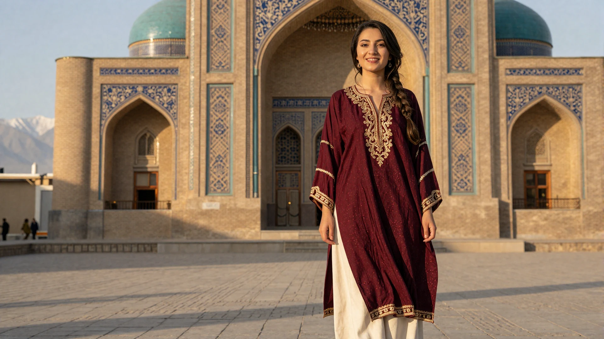 Beautiful Tajik woman in traditional embroidered tunic standing before ornate blue-tiled architecture in Dushanbe at golden hour