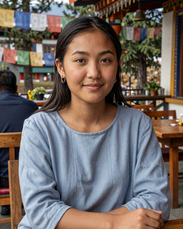 Bhutanese woman enjoying tea at a cozy cafe in Thimphu with prayer flags in background