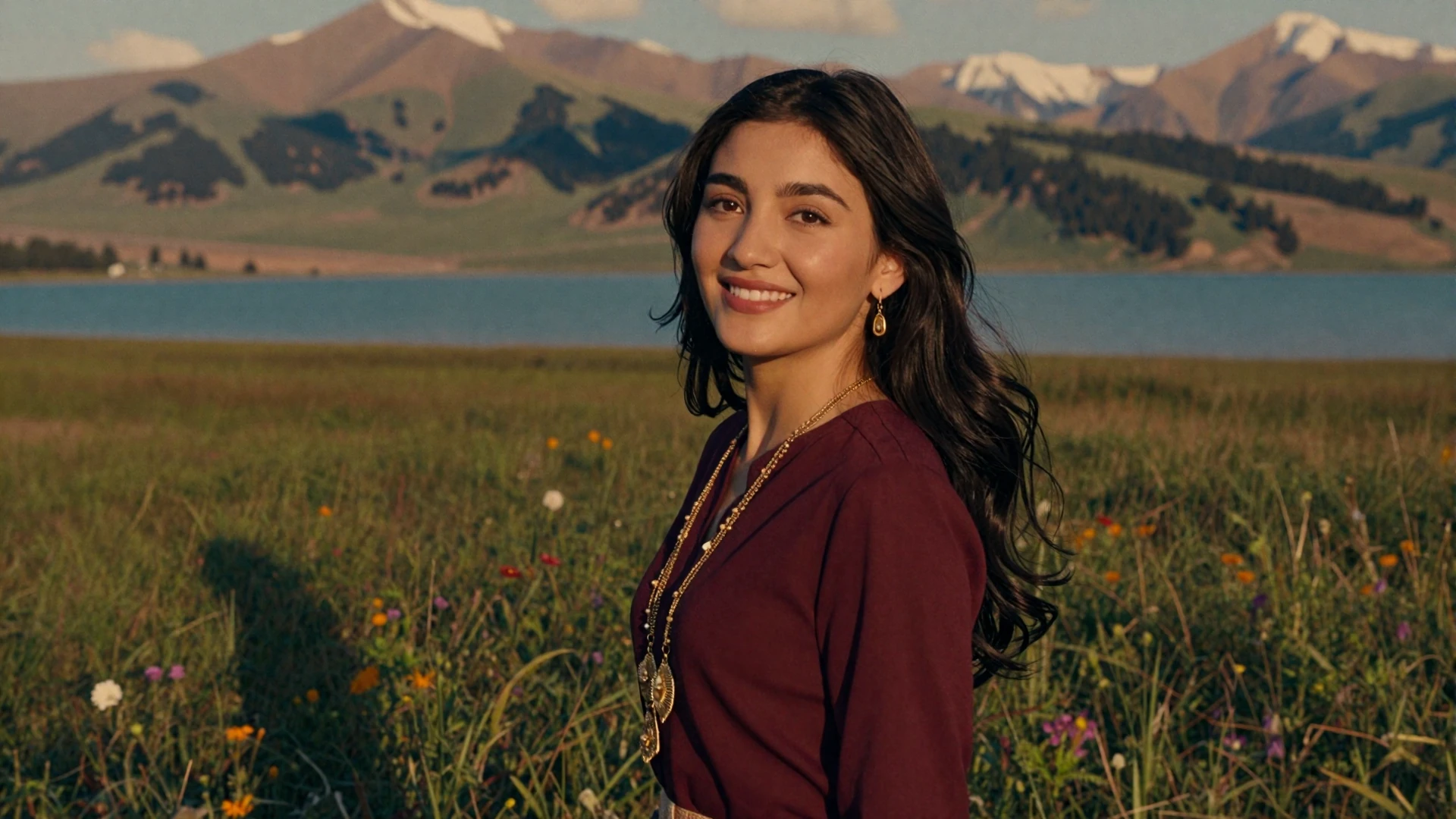 Beautiful Kyrgyz woman in an alpine meadow with Tien Shan mountains and turquoise lake at golden hour