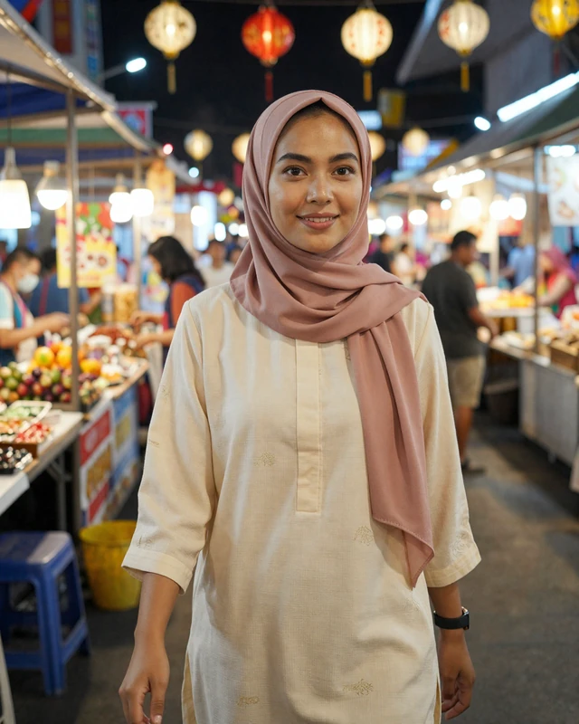 Malaysian woman in modern hijab walking through a vibrant night market in Kuala Lumpur with colorful lanterns