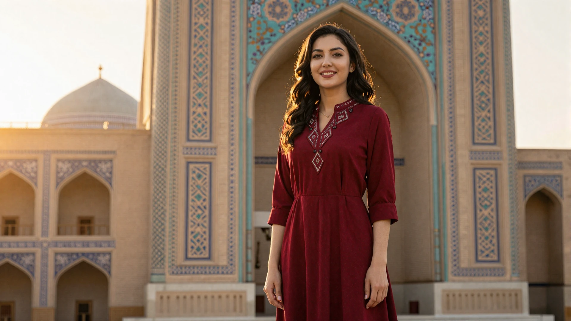 Beautiful Turkmen woman in elegant red dress with traditional embroidery standing near ornate Central Asian architecture at golden hour