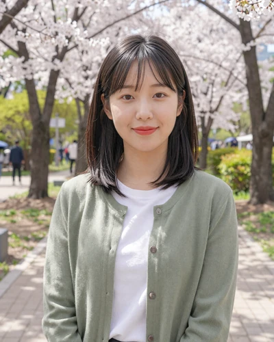 Jiwon, 27, Korean woman from Seoul in a cherry blossom park looking for lasting love