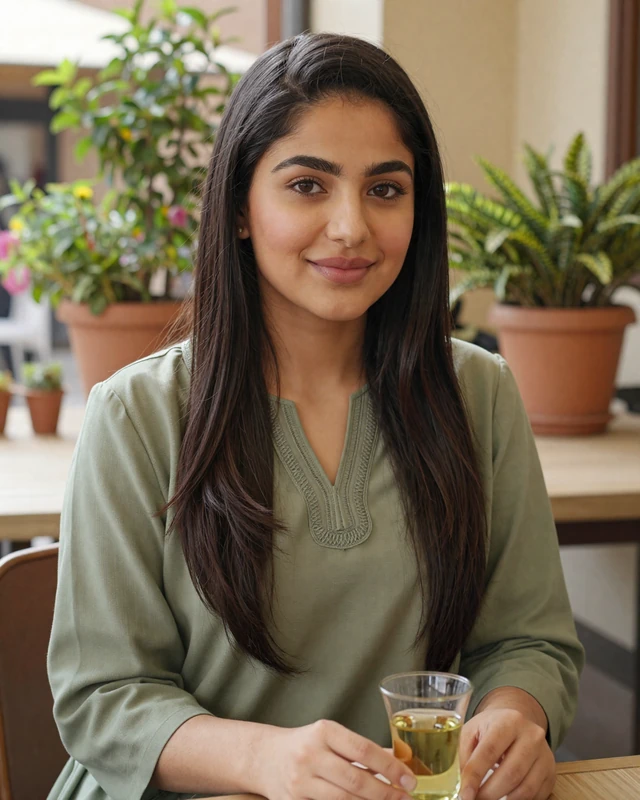 Afghan woman enjoying green tea at an outdoor cafe in a modern city setting