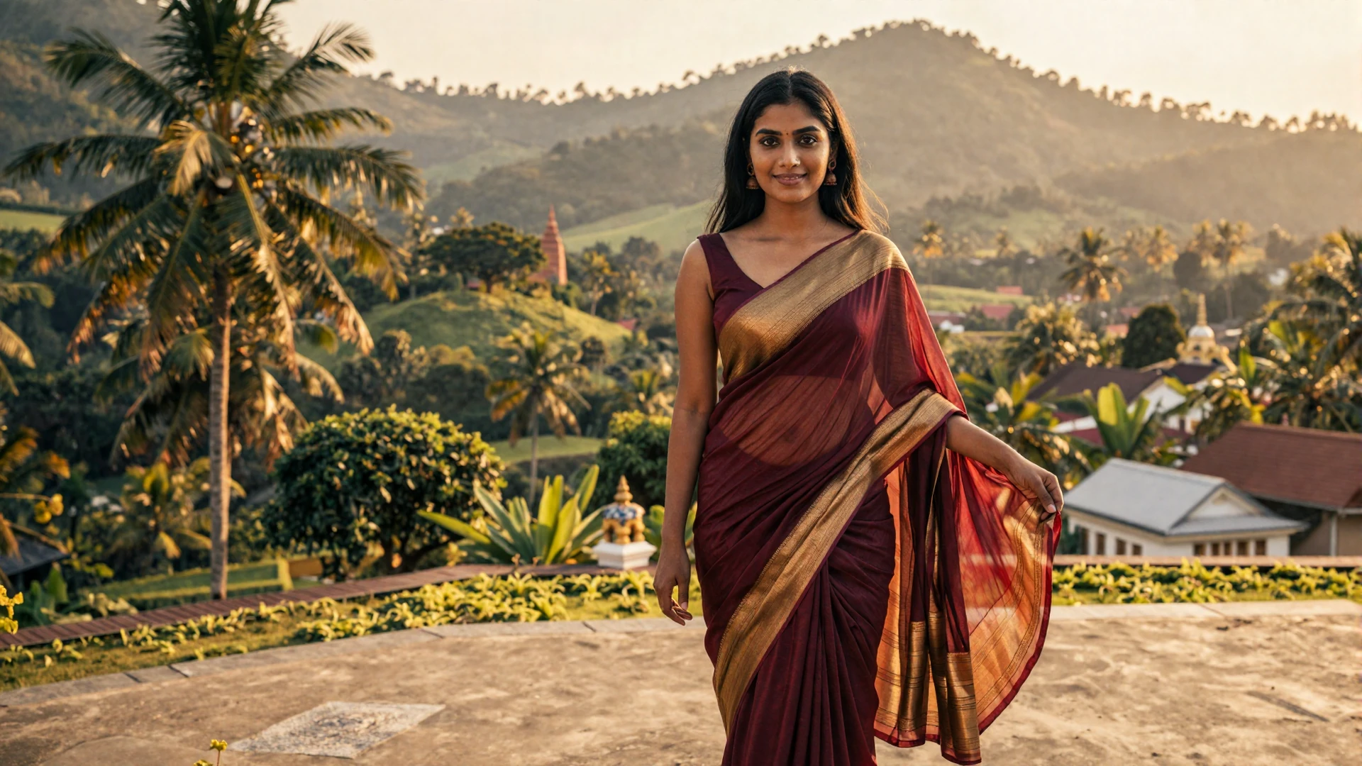 Beautiful Sri Lankan woman in elegant saree overlooking tropical hills in Kandy at golden hour seeking meaningful connection