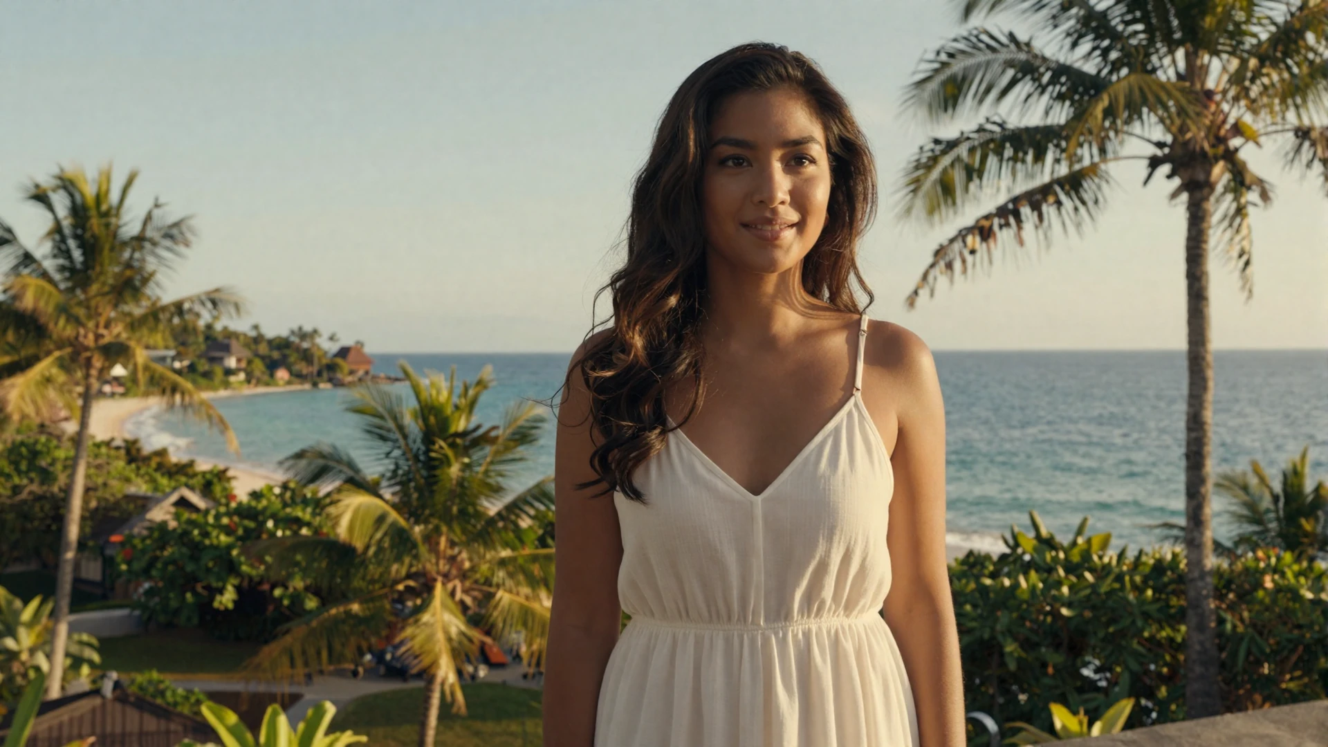 Beautiful Filipina woman smiling warmly near tropical Philippine coastline at golden hour seeking meaningful relationship