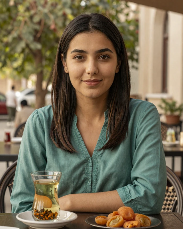 Tajik woman enjoying green tea at an outdoor cafe in a modern city setting