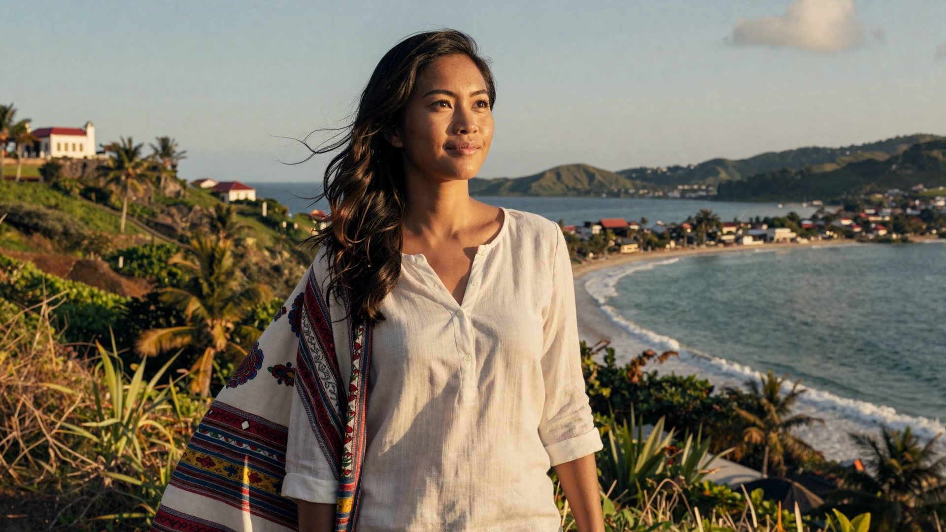 Beautiful Timorese woman wearing a white blouse with traditional tais shawl on a tropical hillside overlooking the Dili coastline at golden hour