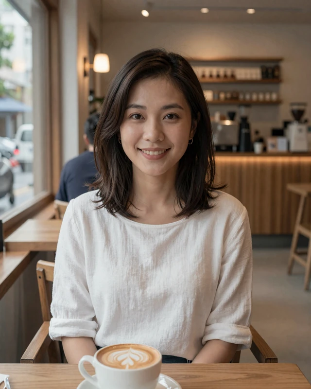 Taiwanese woman enjoying coffee at a modern Taipei cafe with warm natural lighting