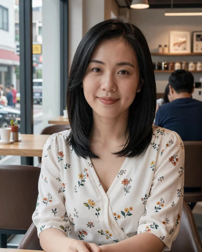 Hui-Ling, 30, Taiwanese woman from Taipei at modern cafe with warm smile