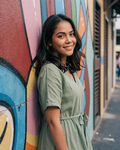 Ploy, 26, Thai woman from Bangkok leaning against street art wall ready for connection