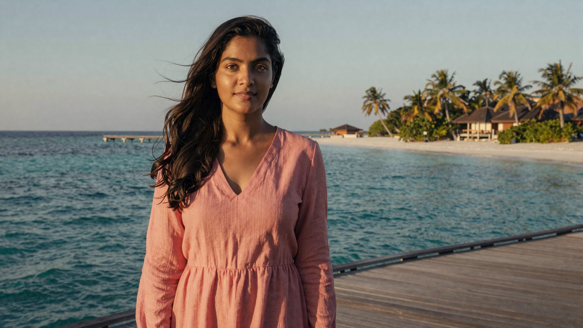 Beautiful Maldivian woman standing on an overwater dock in the Maldives at golden hour seeking meaningful relationship