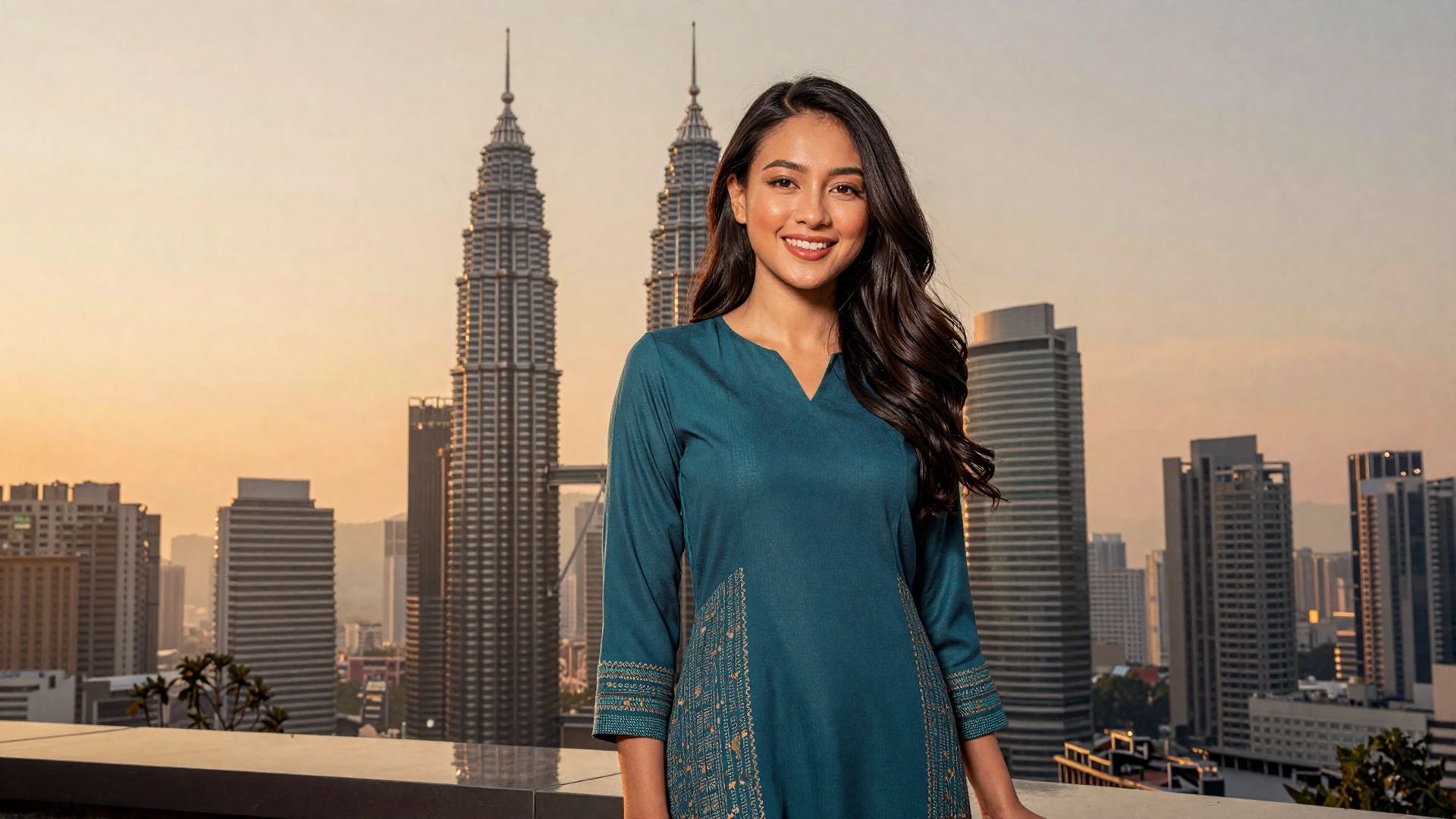 Beautiful Malaysian woman in elegant teal baju kurung on a terrace overlooking Kuala Lumpur skyline at golden hour