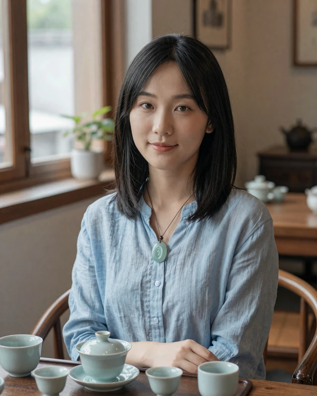 Chinese woman enjoying traditional tea at a cozy tea house in Shanghai