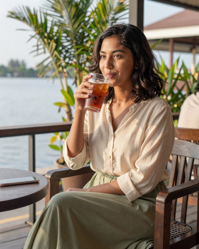 Bruneian woman enjoying tea at a waterfront cafe in Bandar Seri Begawan