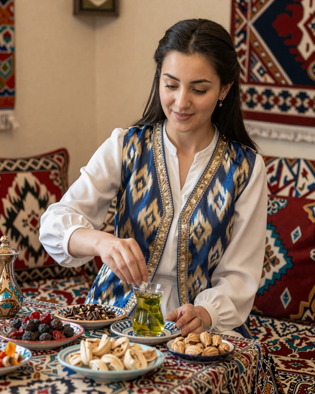Uzbek woman preparing traditional green tea with dried fruits in a warmly decorated room with suzani textiles