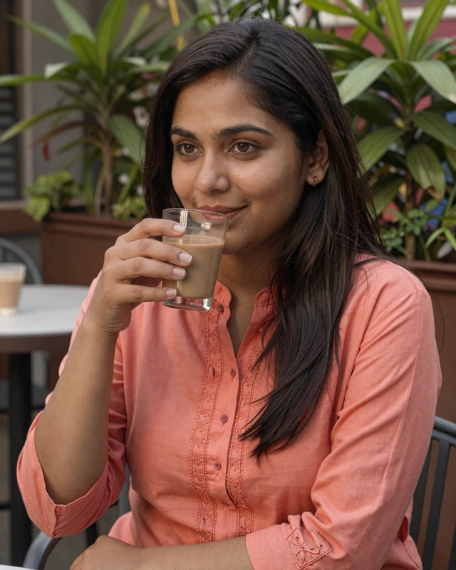 Bangladeshi woman enjoying chai at an outdoor cafe in Dhaka Gulshan district
