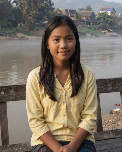 Khamla, 24, Laotian woman from Luang Prabang in yellow blouse by river