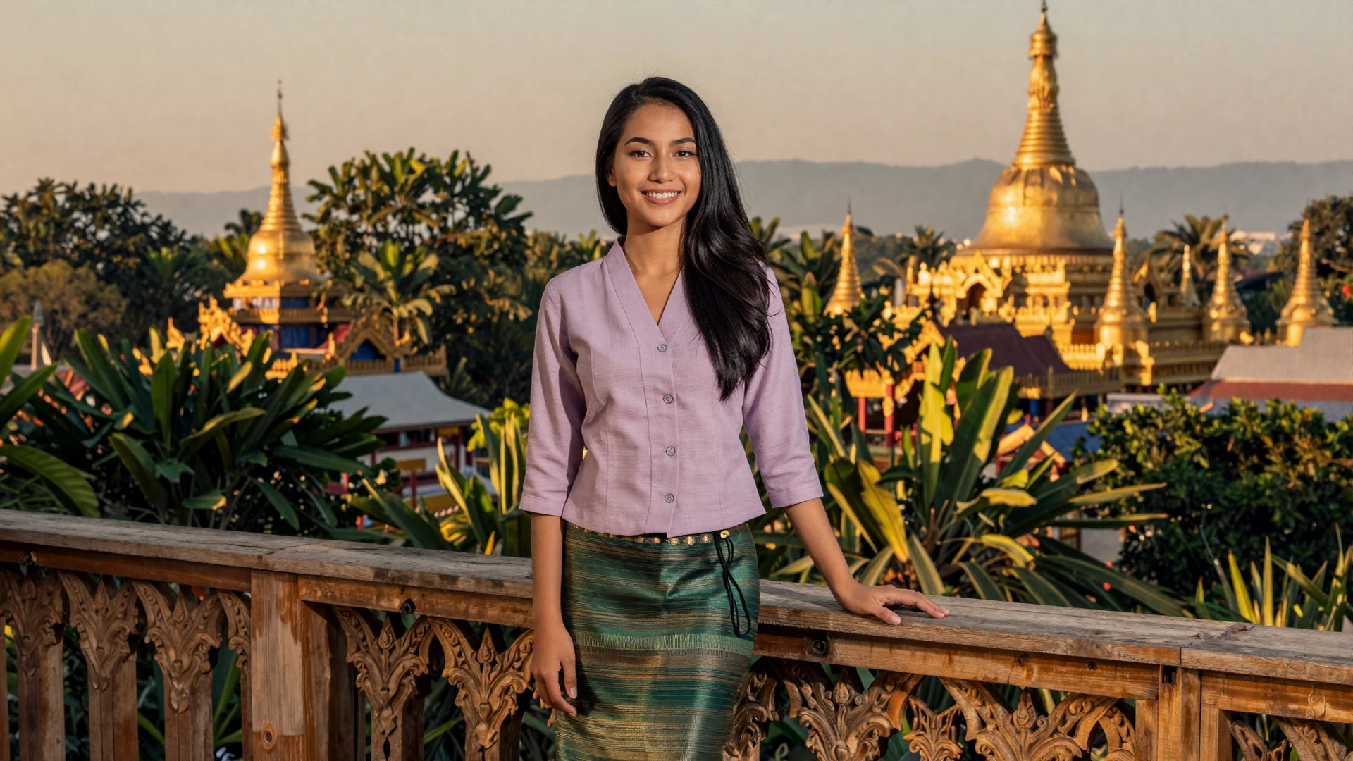 Beautiful Burmese woman in elegant traditional Myanmar attire standing on a teak terrace with golden pagoda spires at sunset
