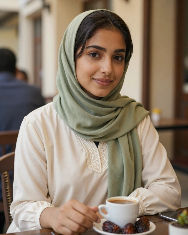 Young Yemeni woman enjoying traditional coffee at an outdoor cafe in a modern city setting