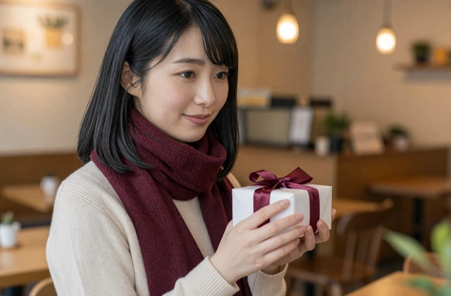 Japanese woman in a Tokyo cafe holding a carefully wrapped gift demonstrating traditional Japanese gift-giving etiquette