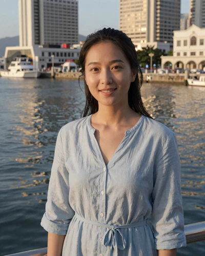 Mei-Chen, 32, Taiwanese woman from Kaohsiung in blue linen dress at harbor waterfront