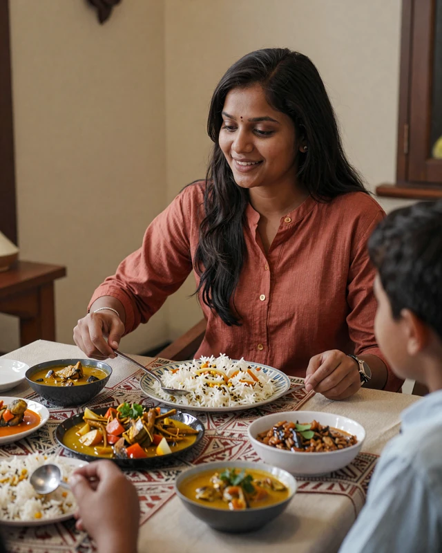 Bangladeshi woman sharing a traditional family meal with colorful dishes of rice and fish curry