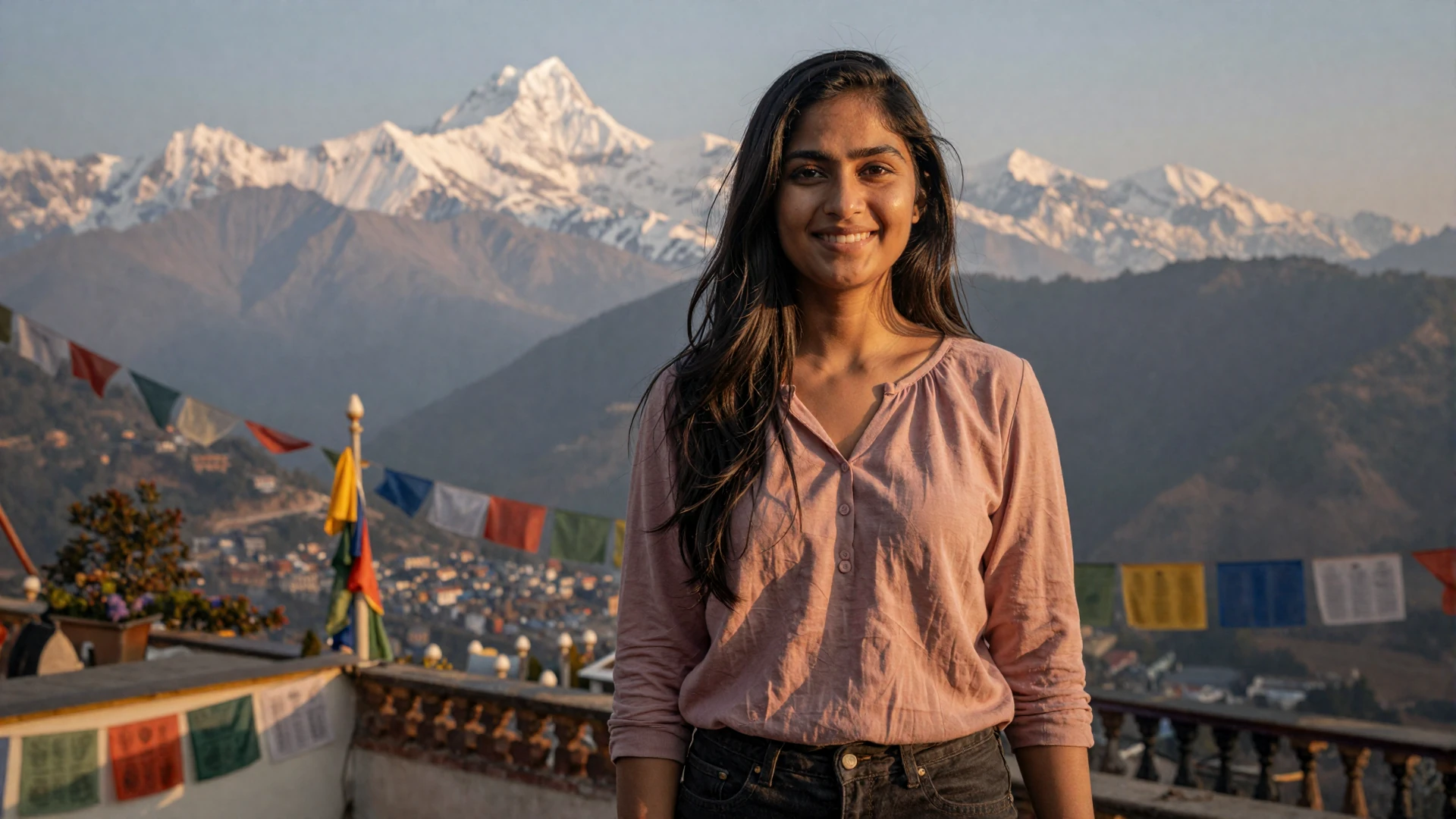 Beautiful Nepali woman standing on a terrace overlooking Kathmandu valley with Himalayan mountains at golden hour