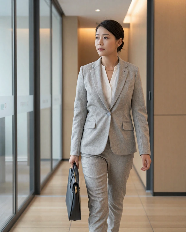 Professional Taiwanese woman walking through a modern Taipei office building with confidence