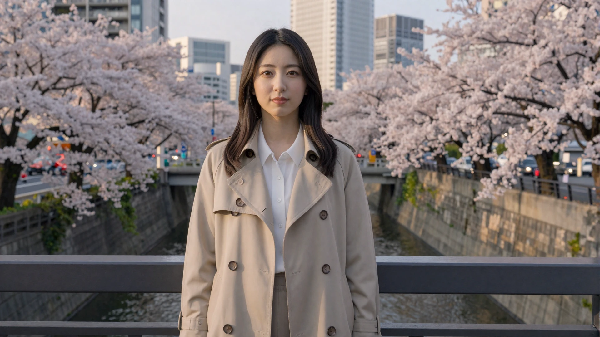 Beautiful Japanese woman standing near cherry blossoms in Tokyo at golden hour seeking meaningful connection